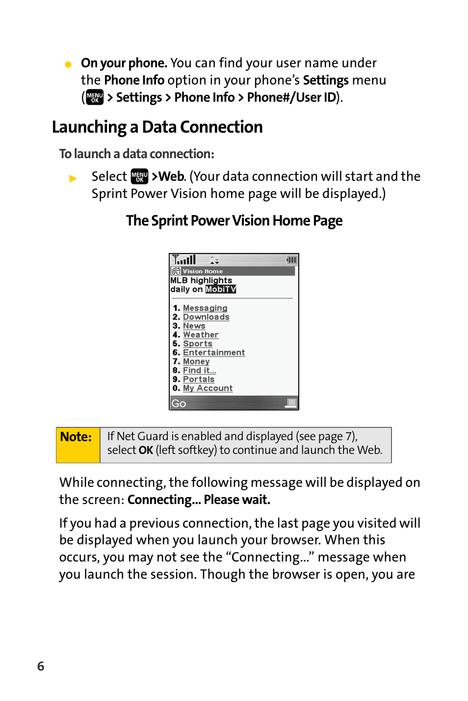 Launching a data connection, The sprint power vision home page | Spirit M1 User Manual | Page 298 / 351