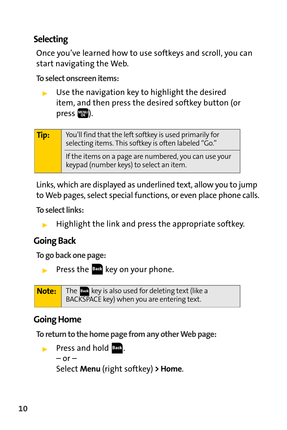 Selecting, Going back, Going home | Spirit M1 User Manual | Page 302 / 351