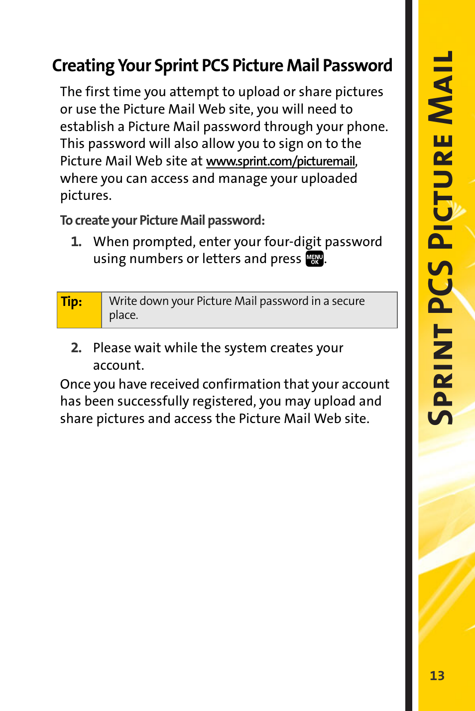 Creating your sprint pcs picture mail password, Spri nt pcs picture mai l | Spirit M1 User Manual | Page 305 / 351