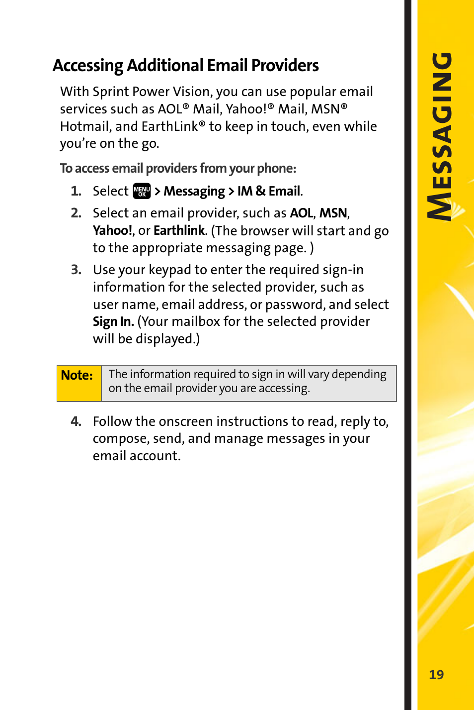 Accessing additional email providers, Mess a gi ng | Spirit M1 User Manual | Page 311 / 351