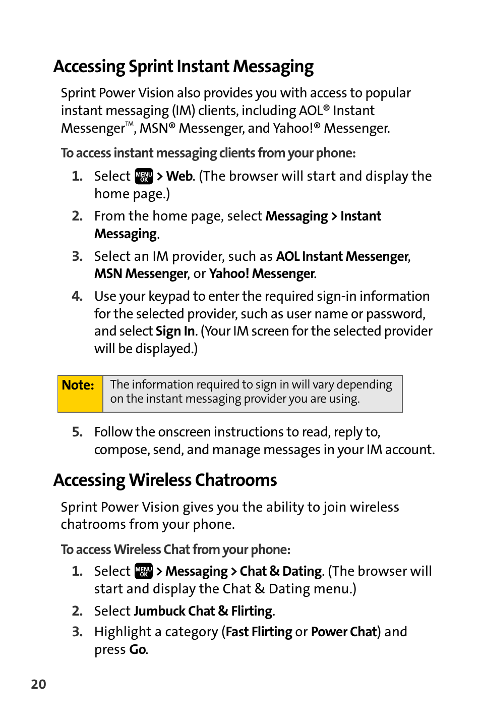 Accessing sprint instant messaging, Accessing wireless chatrooms | Spirit M1 User Manual | Page 312 / 351