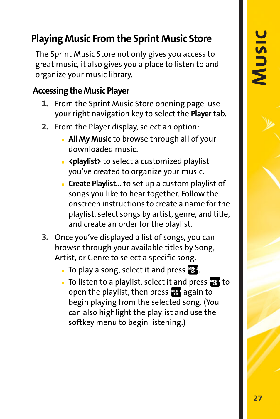 Playing music from the sprint music store, Music | Spirit M1 User Manual | Page 319 / 351