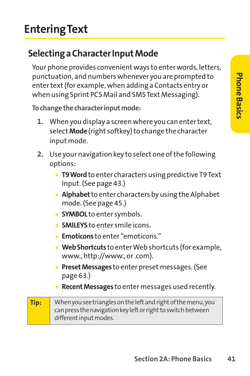 Entering text, Selecting a character input mode, Ph on e b as ics | Spirit M1 User Manual | Page 59 / 351