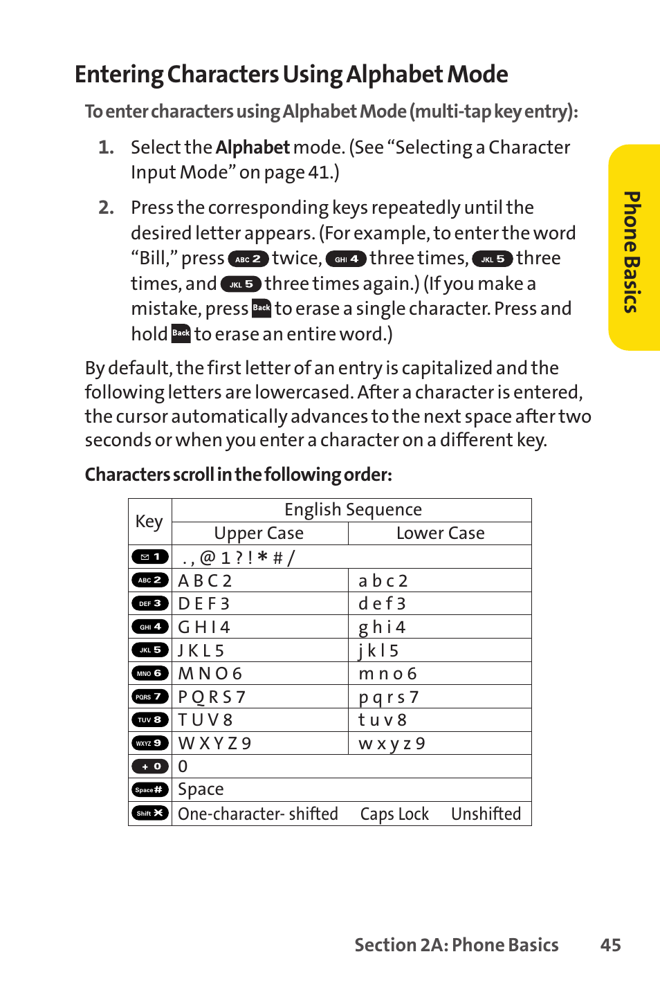 Entering characters using alphabet mode, Ph on e b as ics | Spirit M1 User Manual | Page 63 / 351