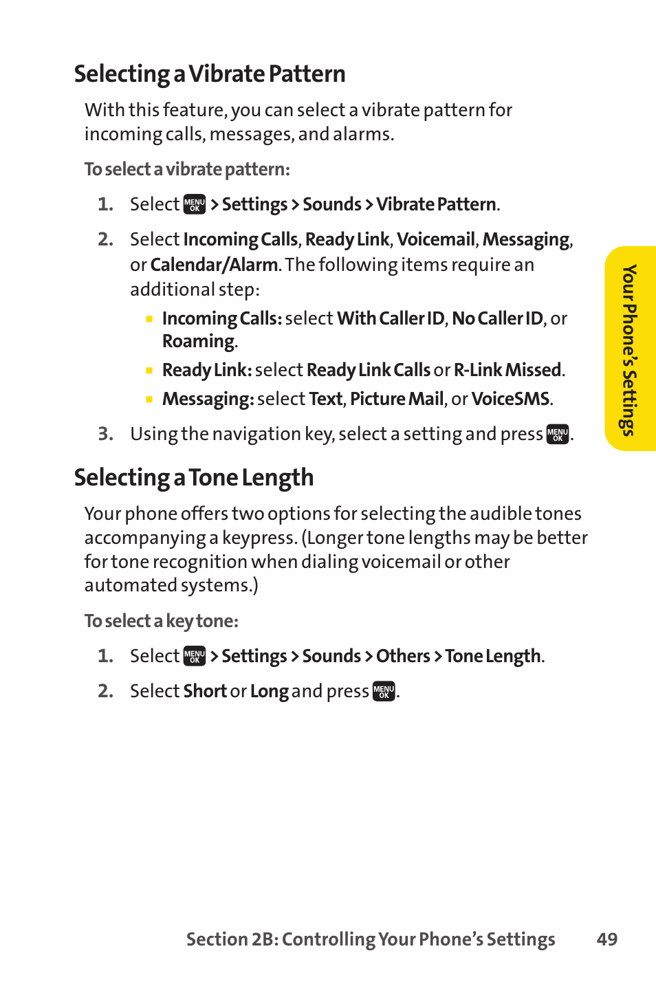 Selecting a vibrate pattern, Selecting a tone length | Spirit M1 User Manual | Page 67 / 351