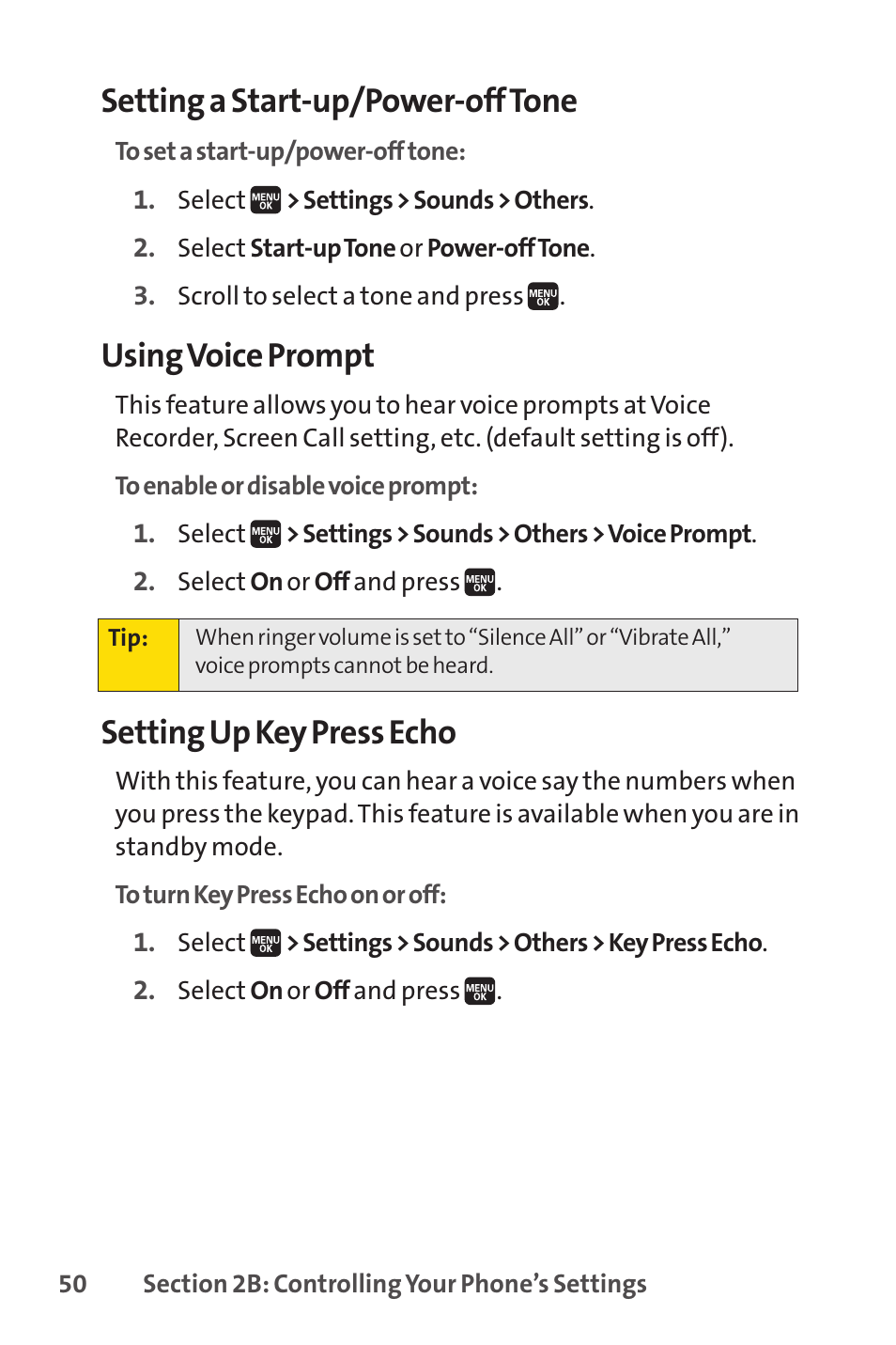 Setting a start-up/power-off tone, Using voice prompt, Setting up key press echo | Spirit M1 User Manual | Page 68 / 351