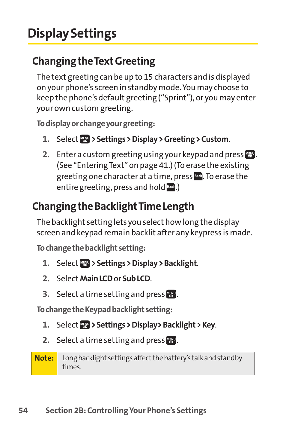 Display settings, Changing the text greeting, Changing the backlighttime length | Spirit M1 User Manual | Page 72 / 351