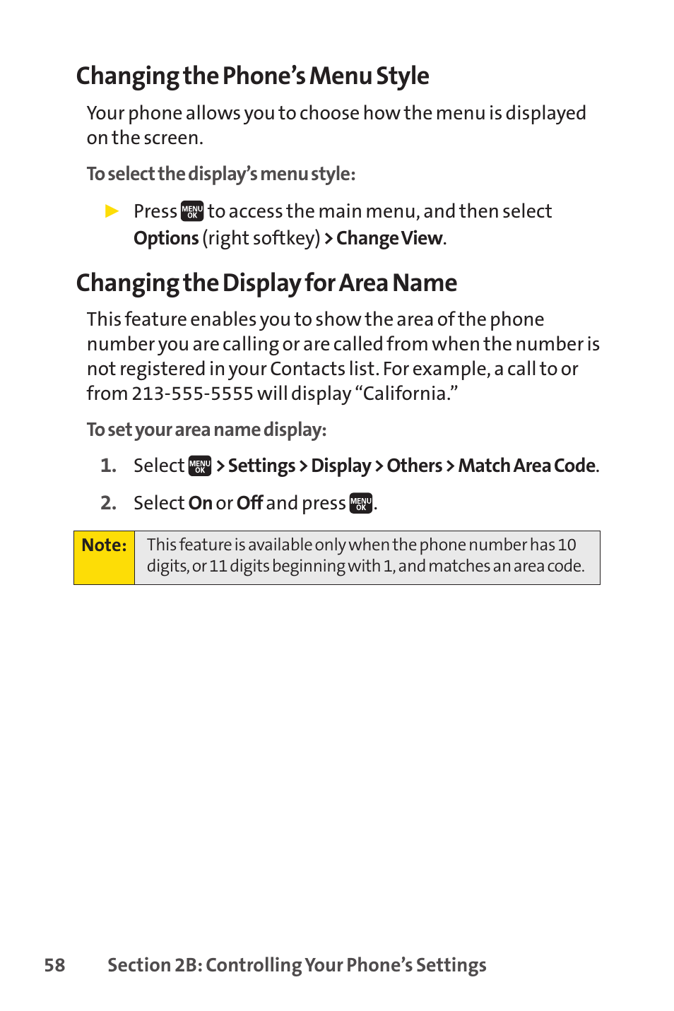 Changing the phone’s menu style, Changing the display for area name | Spirit M1 User Manual | Page 76 / 351