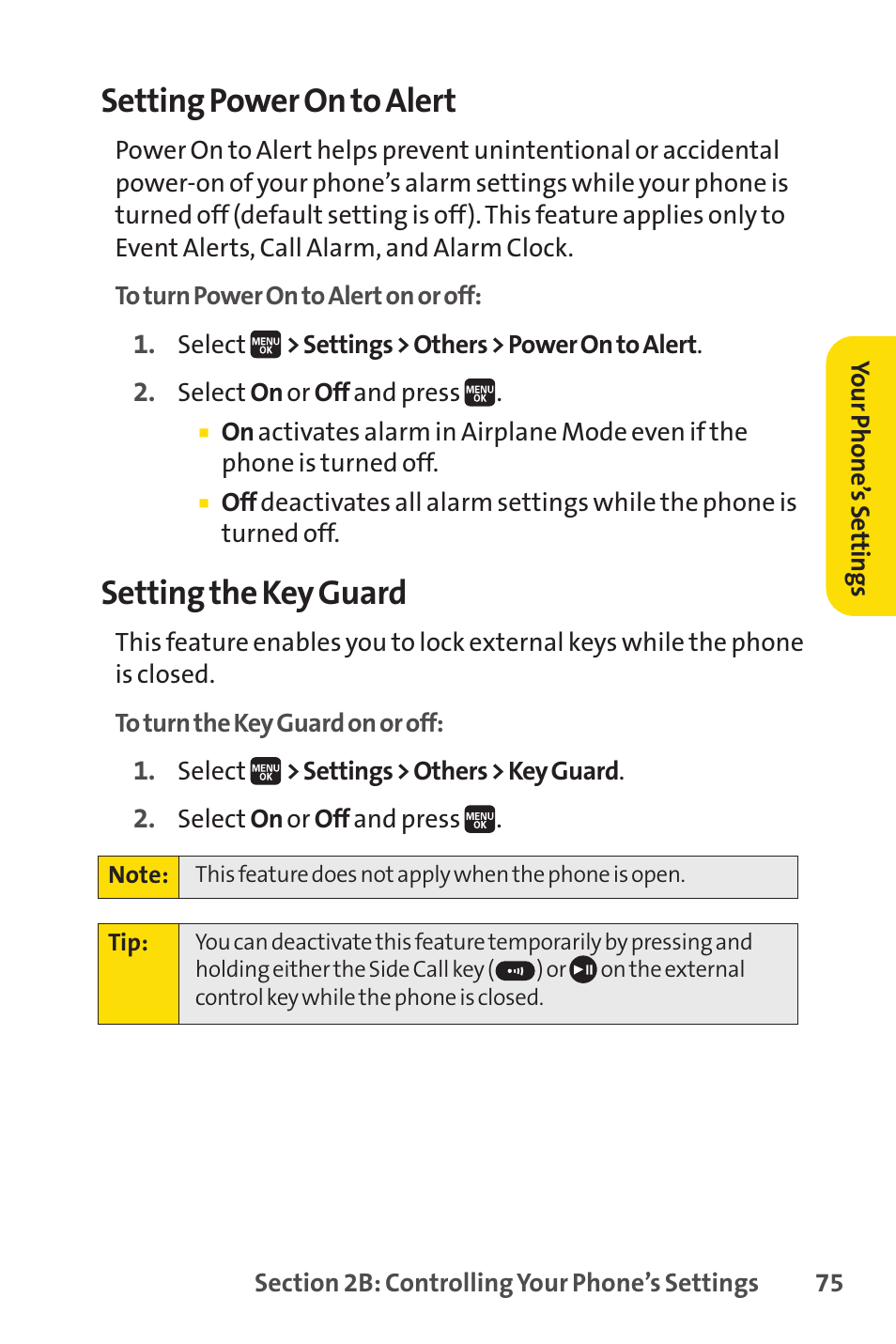 Setting power on to alert, Setting the key guard | Spirit M1 User Manual | Page 93 / 351