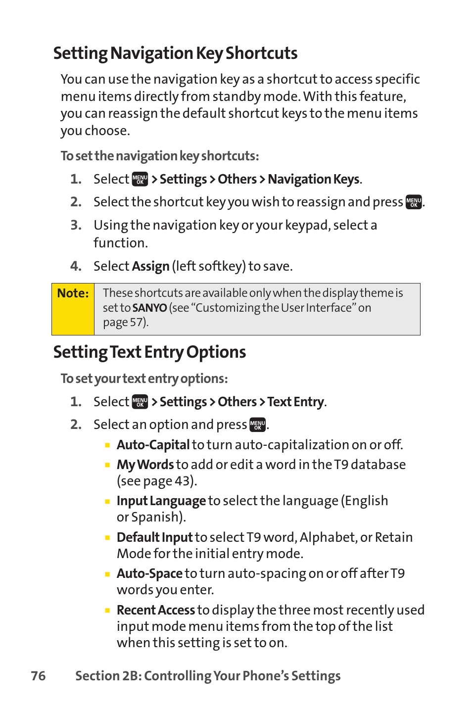 Setting navigation key shortcuts, Setting text entry options | Spirit M1 User Manual | Page 94 / 351