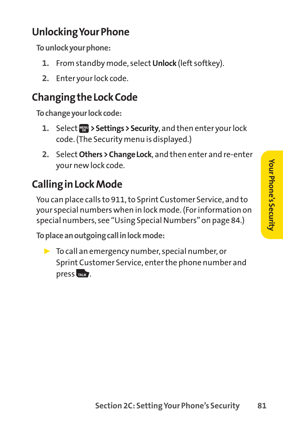 Unlocking your phone, Changing the lock code, Calling in lock mode | Spirit M1 User Manual | Page 99 / 351