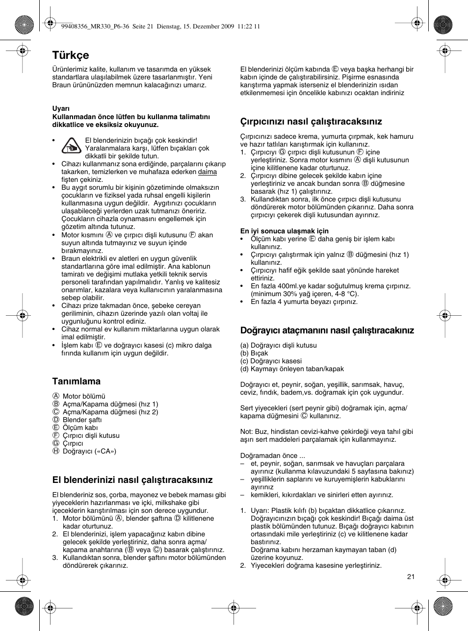 Türkçe | Braun MR330 Sauce User Manual | Page 20 / 35