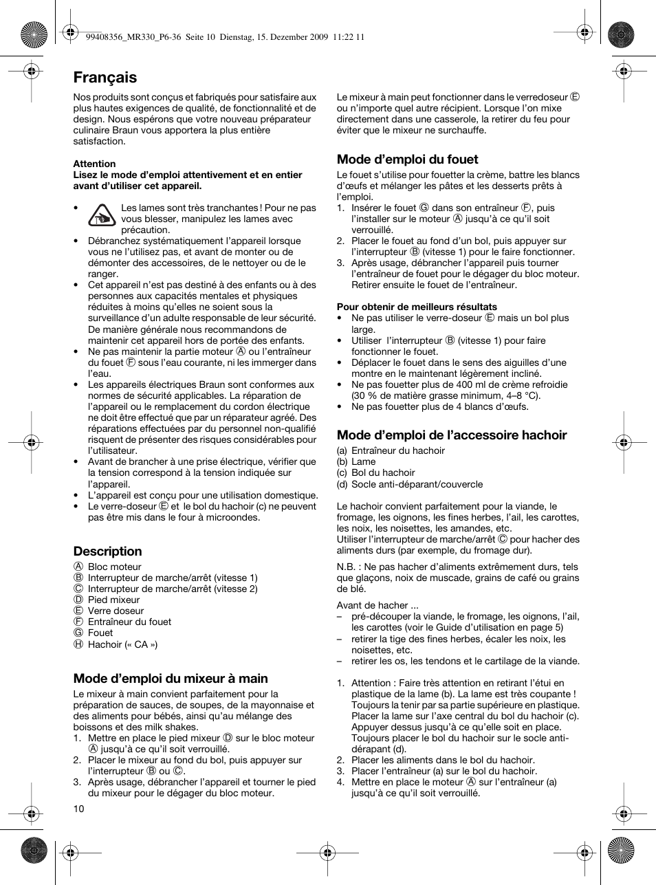 Français | Braun MR330 Sauce User Manual | Page 9 / 35