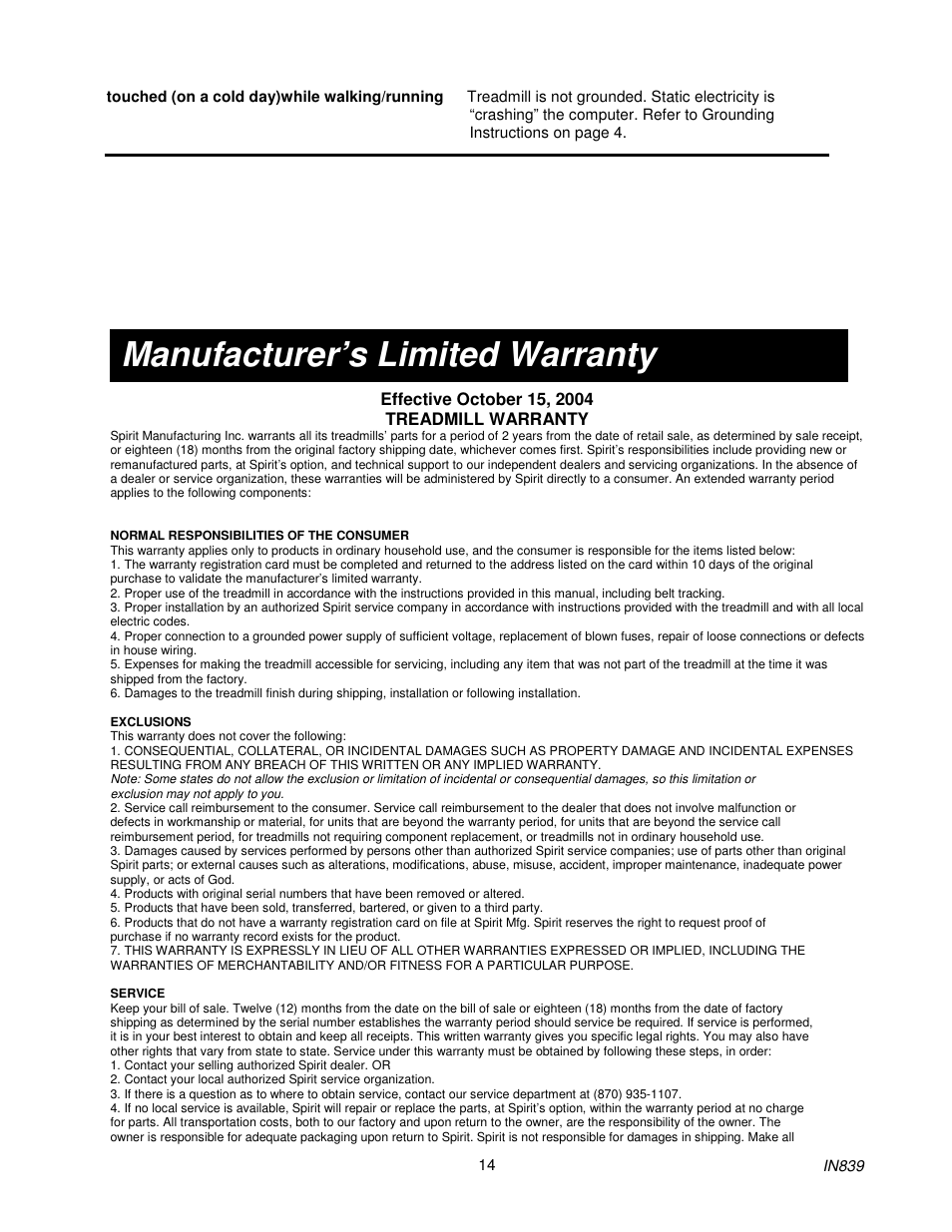 Manufacturer’s limited warranty | Spirit IN839 User Manual | Page 15 / 16