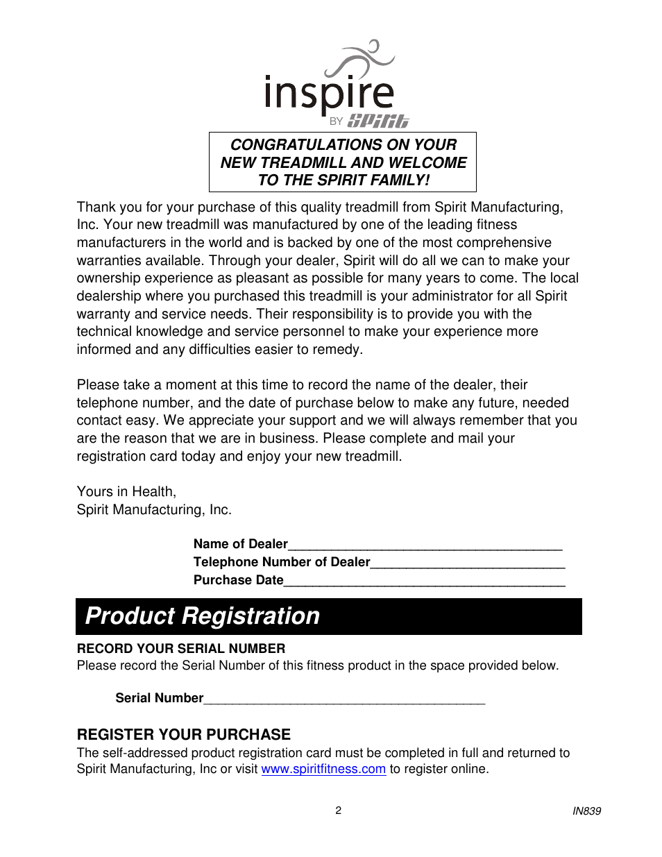 Product registration | Spirit IN839 User Manual | Page 3 / 16