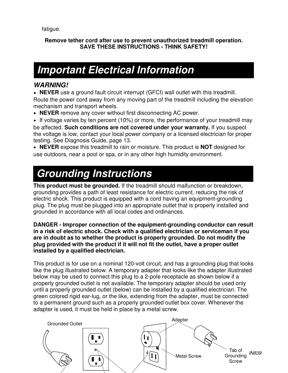 Important electrical information, Grounding instructions | Spirit IN839 User Manual | Page 5 / 16