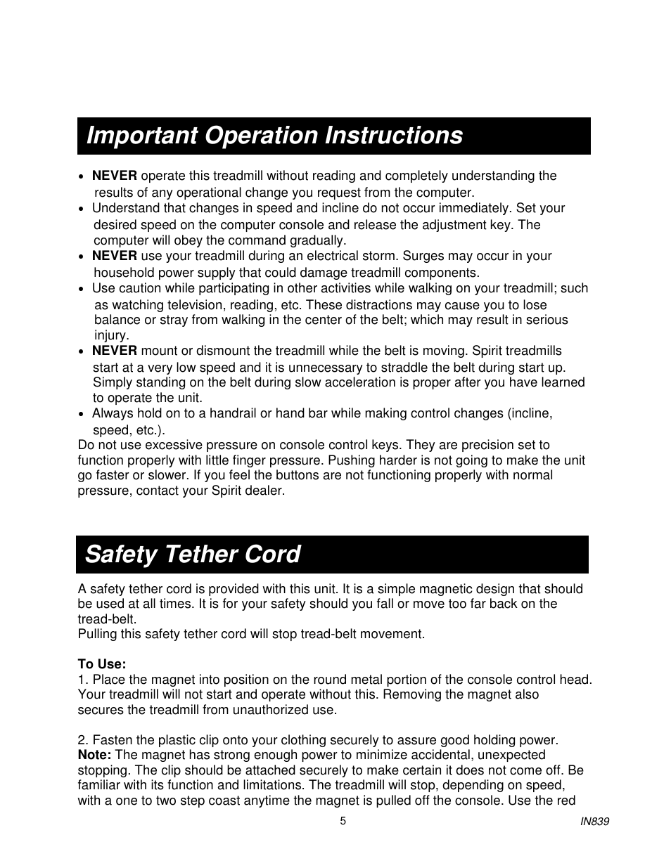 Important operation instructions, Safety tether cord | Spirit IN839 User Manual | Page 6 / 16