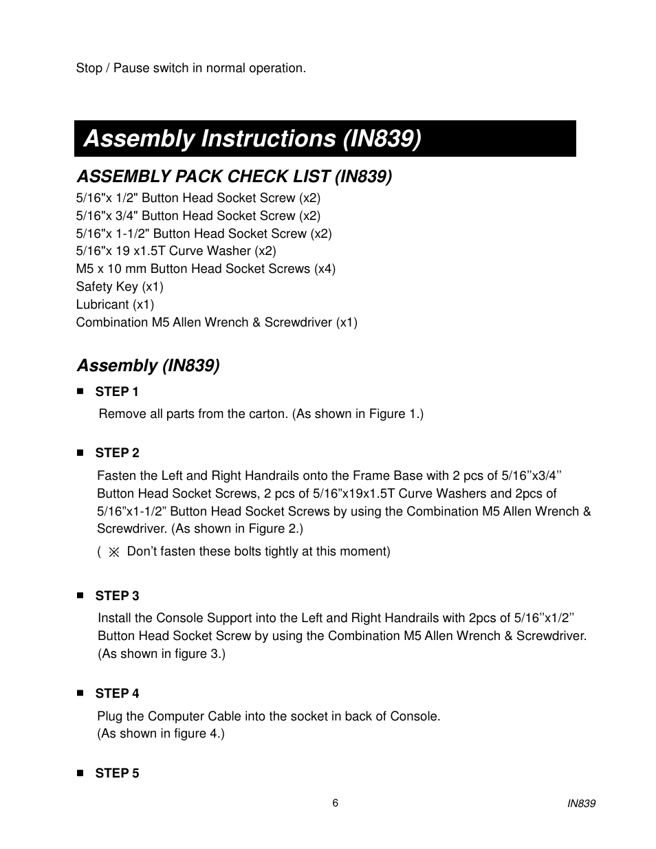 Assembly instructions (in839), Assembly pack check list (in839), Assembly (in839) | Spirit IN839 User Manual | Page 7 / 16