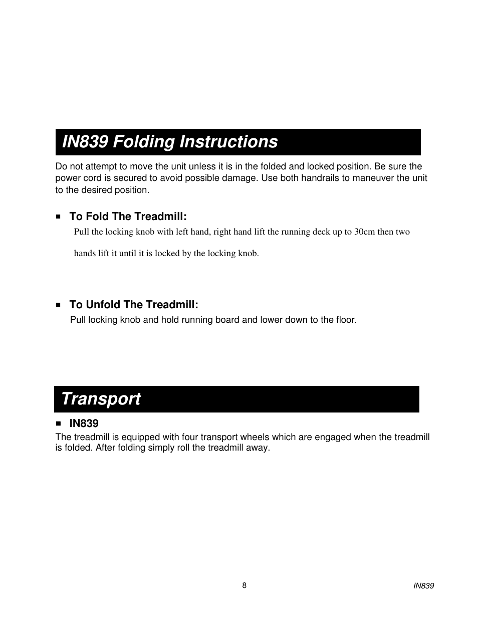 In839 folding instructions, Transport | Spirit IN839 User Manual | Page 9 / 16