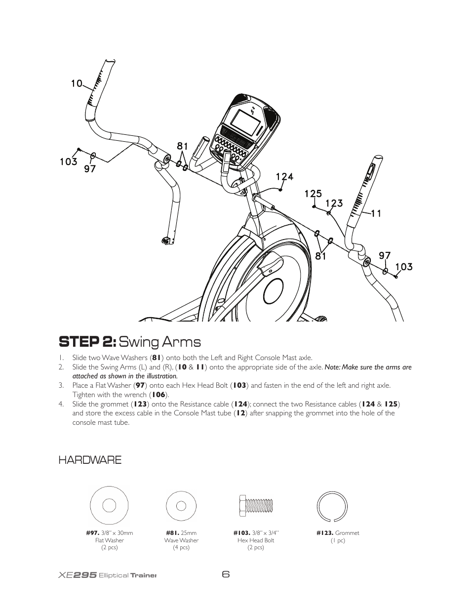 Step 2: swing arms, Hardware | Spirit XE295 User Manual | Page 10 / 30