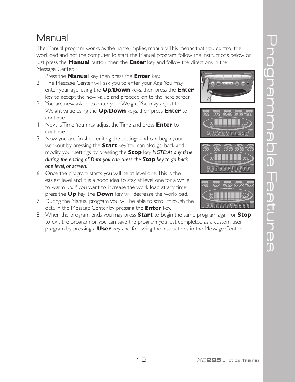 Pr ogr ammable f eatur es, Manual | Spirit XE295 User Manual | Page 19 / 30