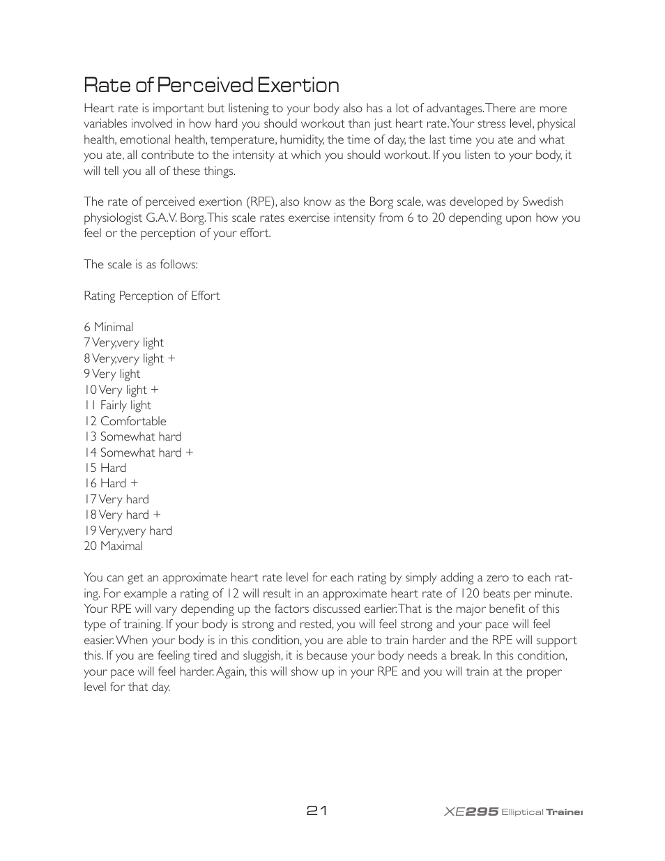 Rate of perceived exertion | Spirit XE295 User Manual | Page 25 / 30