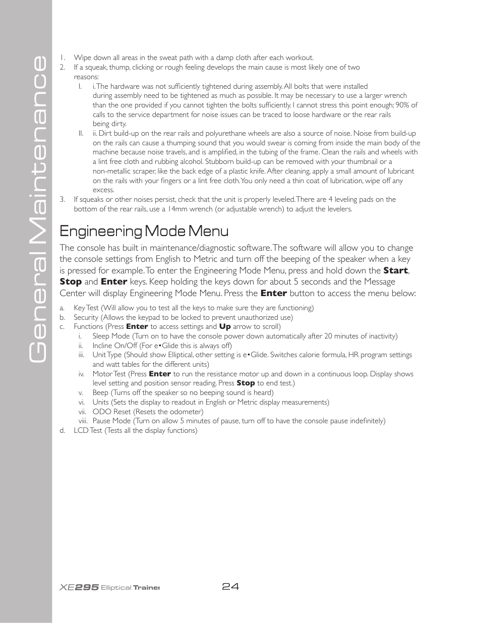 Gener al maintenance, Engineering mode menu | Spirit XE295 User Manual | Page 28 / 30