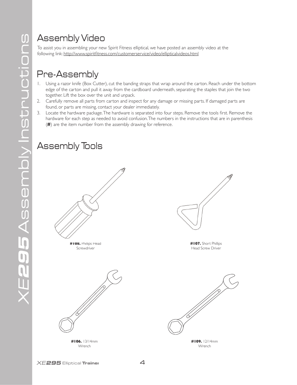 Xe 295, Assembly instructions, Assembly tools | Pre-assembly, Assembly video | Spirit XE295 User Manual | Page 8 / 30