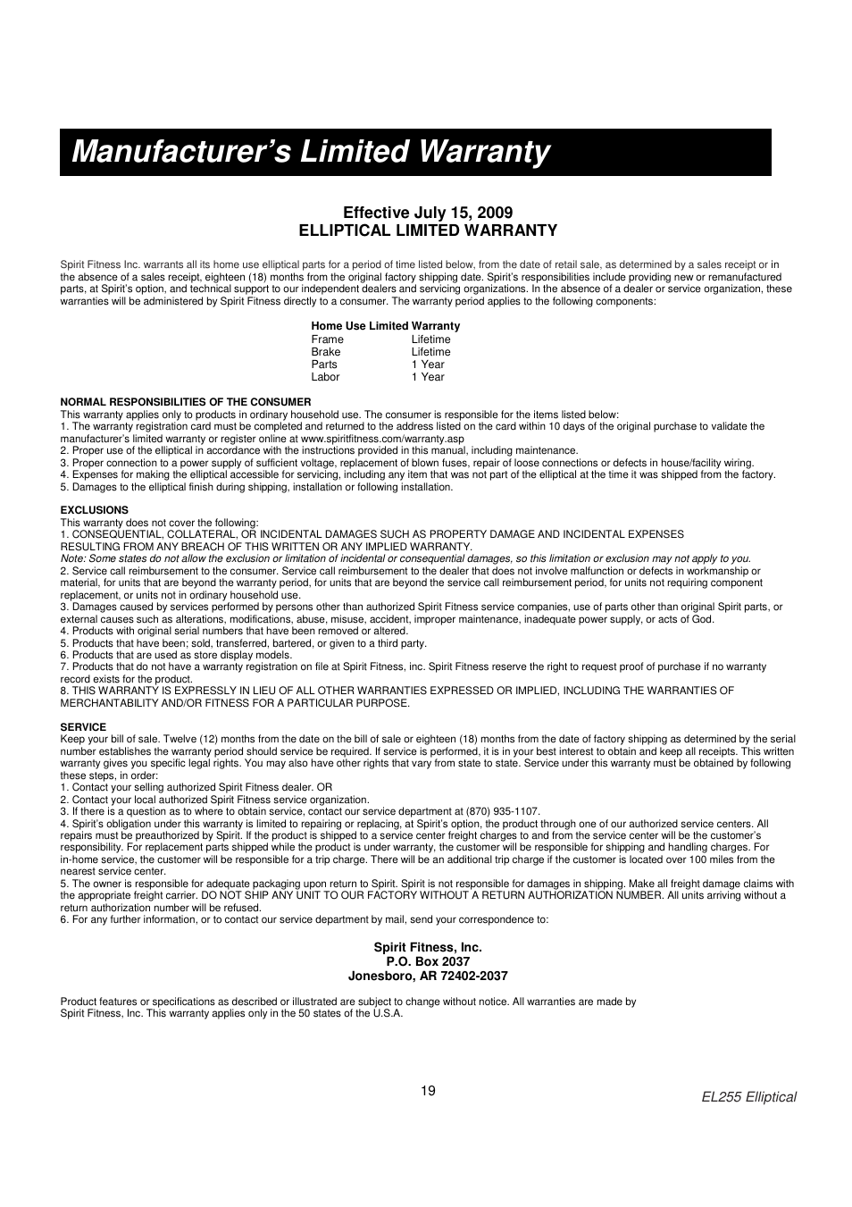 Manufacturer’s limited warranty | Spirit EL255 User Manual | Page 20 / 20