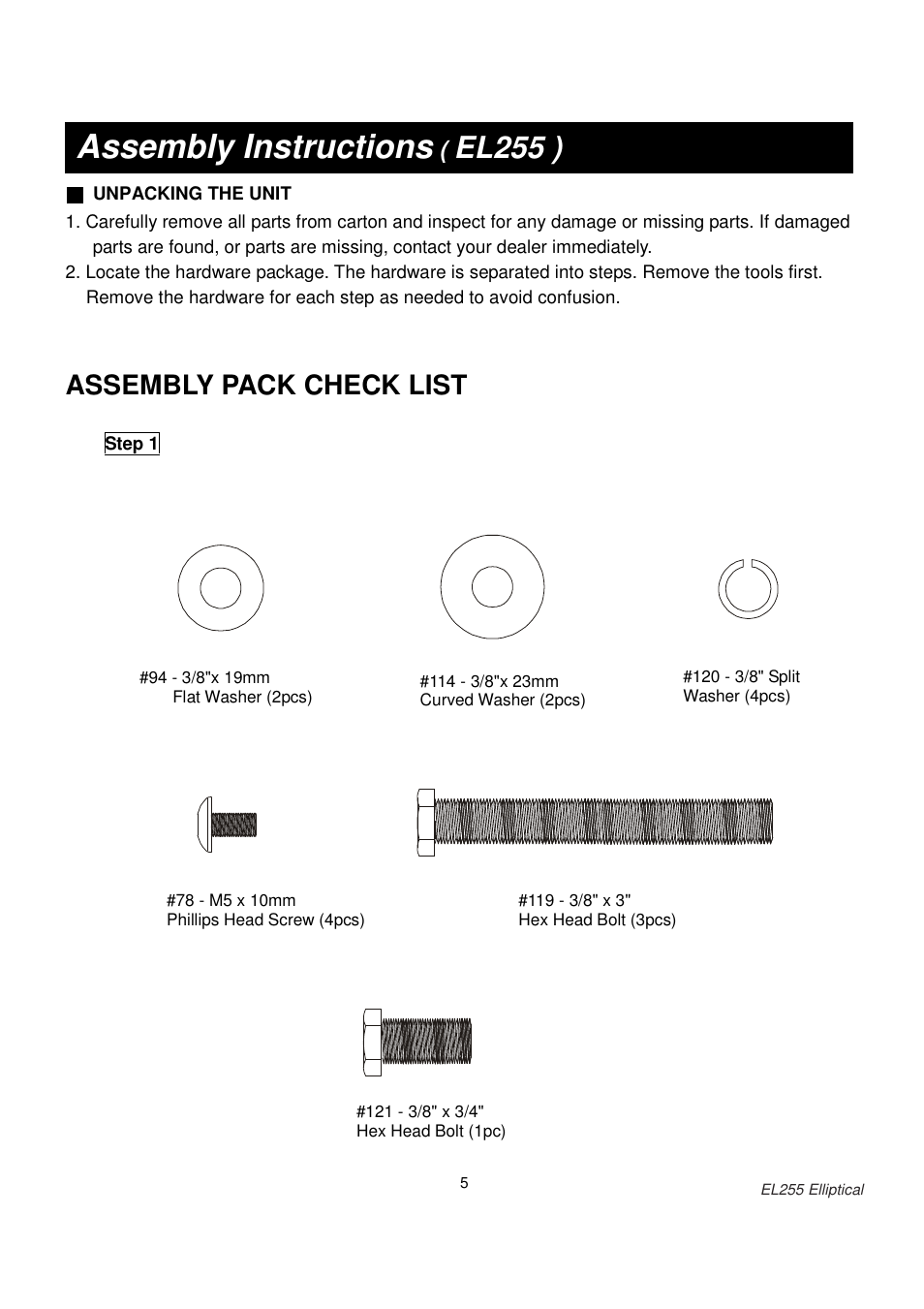 Assembly instructions, El255 ), Assembly pack check list | Spirit EL255 User Manual | Page 6 / 20