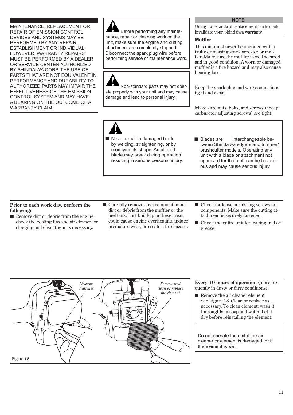 General maintenance, Daily maintenance, Hour maintenance | Shindaiwa 81532 User Manual | Page 11 / 36