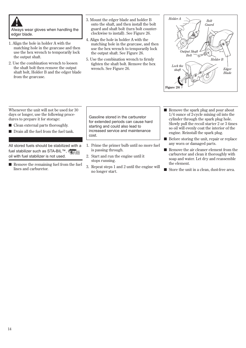 Long term storage, Replacing the edger blade | Shindaiwa 81532 User Manual | Page 14 / 36