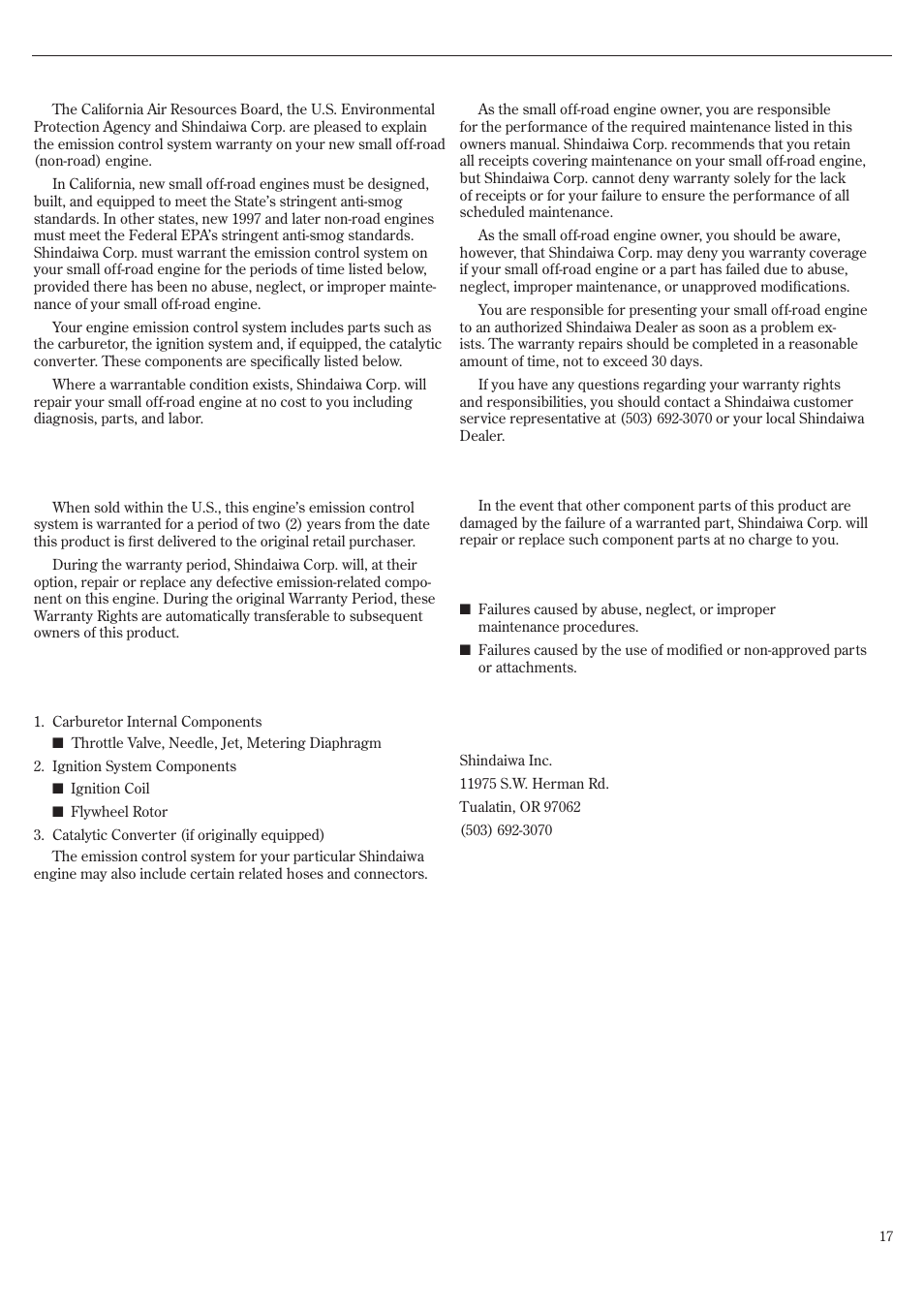 Emission system warranty statement | Shindaiwa 81532 User Manual | Page 17 / 36