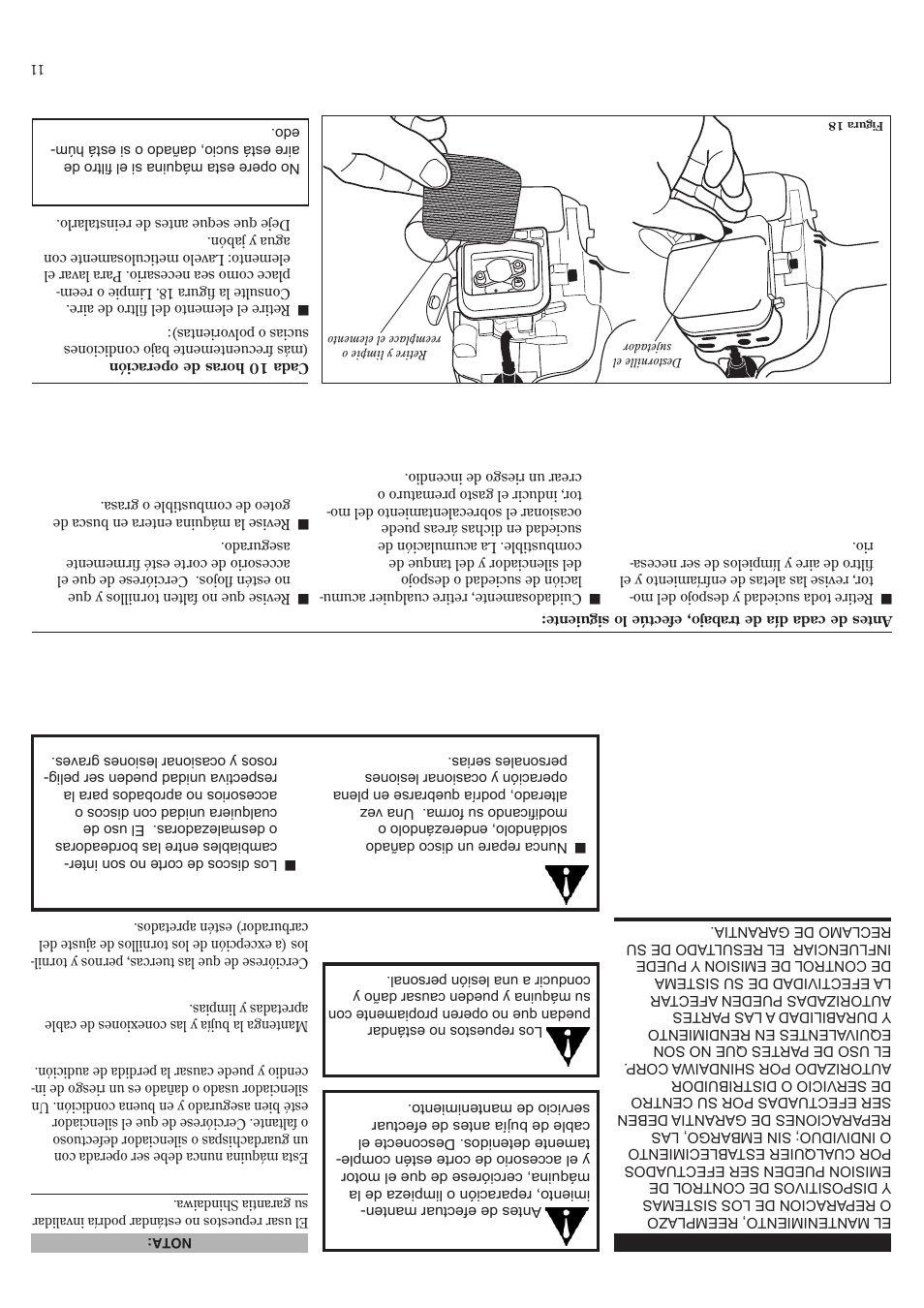 Mantenimiento diario, Mantenimiento cada 10 horas, Mantenimiento general | Shindaiwa 81532 User Manual | Page 26 / 36