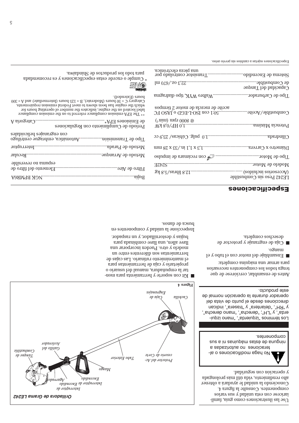 Des cri pci ón del p rod uct o, Especificaciones | Shindaiwa 81532 User Manual | Page 32 / 36