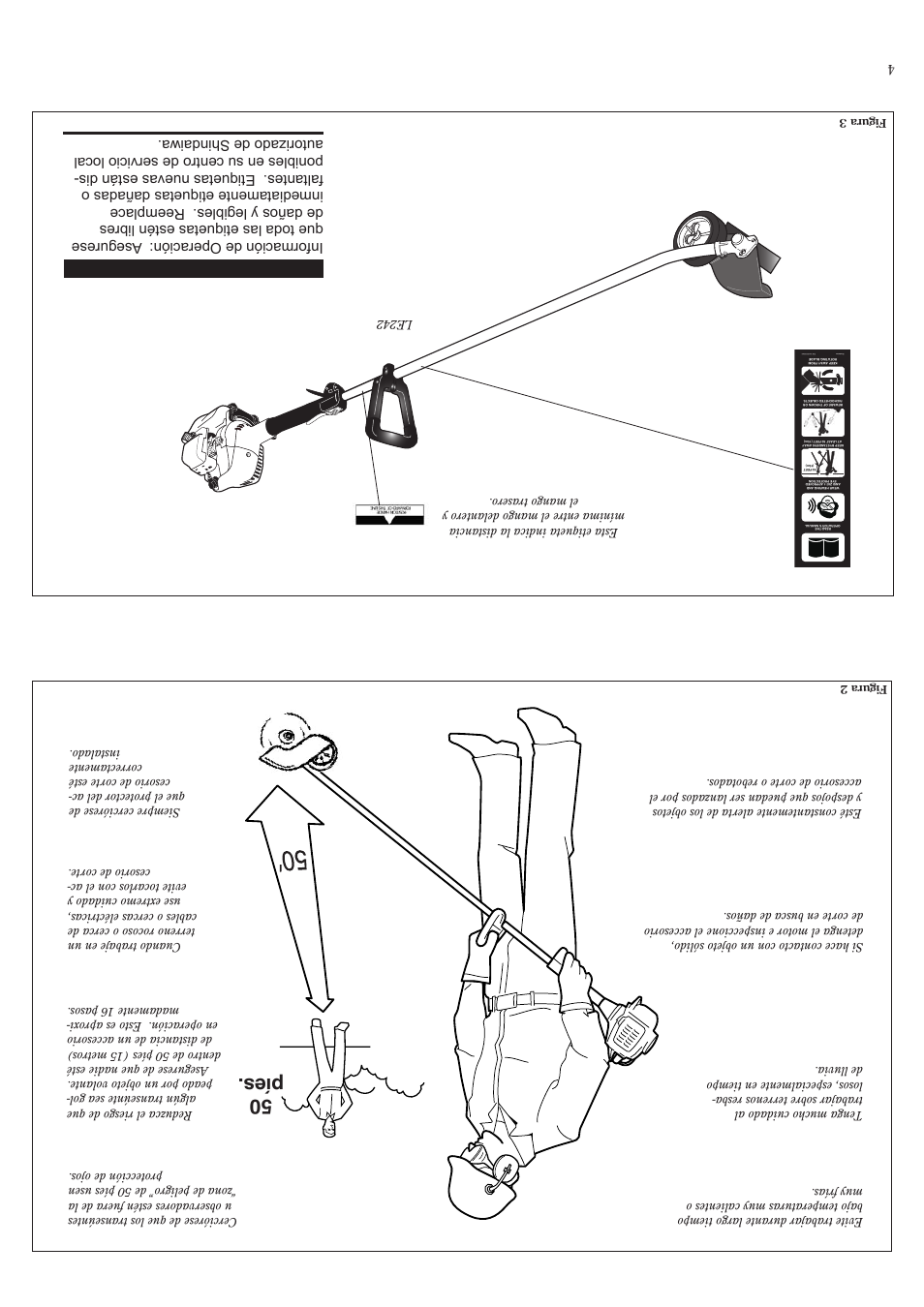 Etiquetas de seguridad, Esté alerta del ar ea de tra bajo, 50 píes | Shindaiwa 81532 User Manual | Page 33 / 36