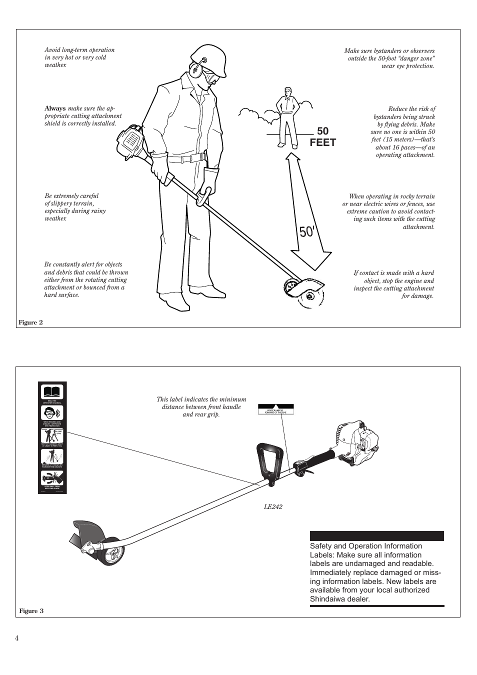 Safety labels, Be aware of the working environment, 50 feet | Shindaiwa 81532 User Manual | Page 4 / 36