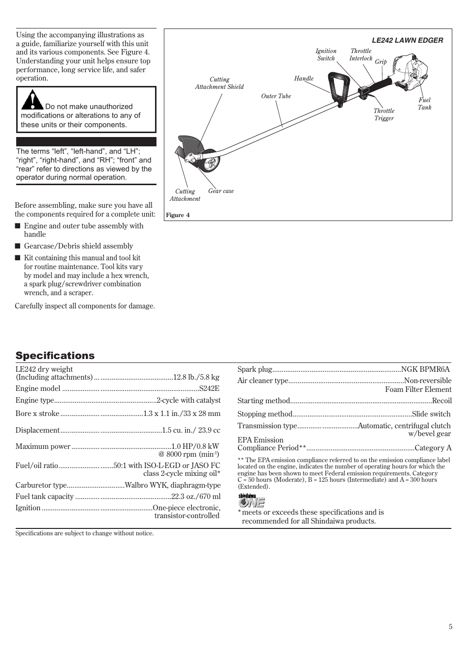 Product description, Specifications | Shindaiwa 81532 User Manual | Page 5 / 36