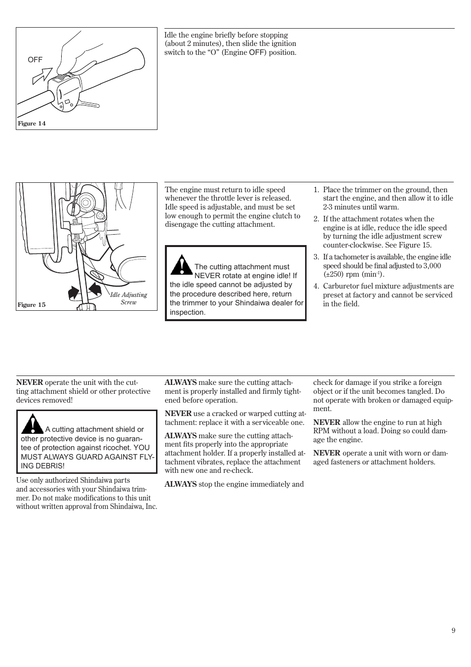 Stopping the engine adjusting engine idle, Checking unit condition | Shindaiwa 81532 User Manual | Page 9 / 36