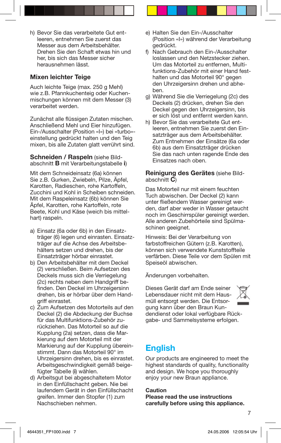 English | Braun Multiquick FP 1000 User Manual | Page 7 / 57