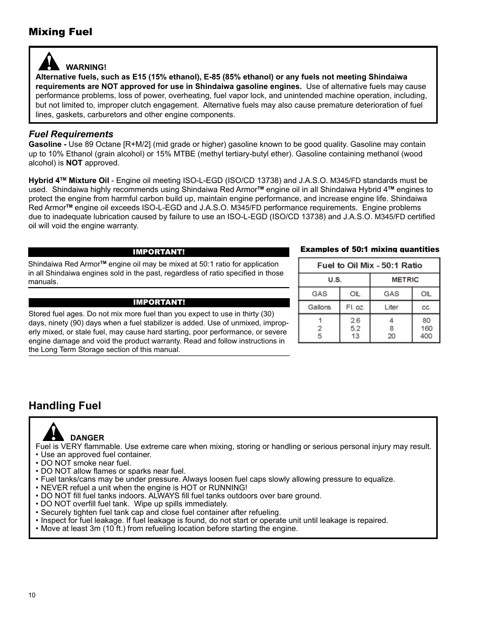 Handling fuel, Mixing fuel | Shindaiwa C254 User Manual | Page 10 / 32