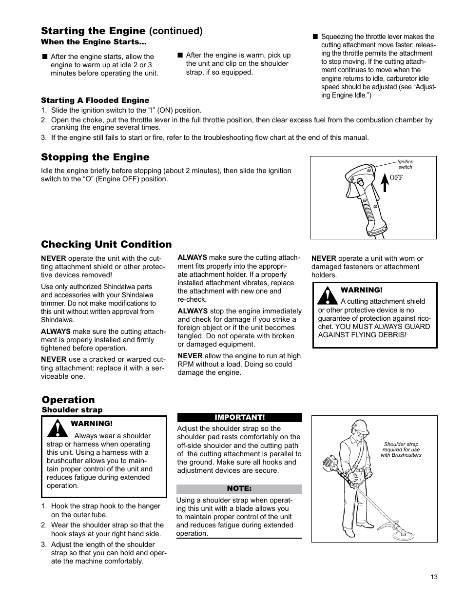 Checking unit condition, Operation, Stopping the engine adjusting engine idle | Starting the engine (continued) | Shindaiwa C254 User Manual | Page 13 / 32