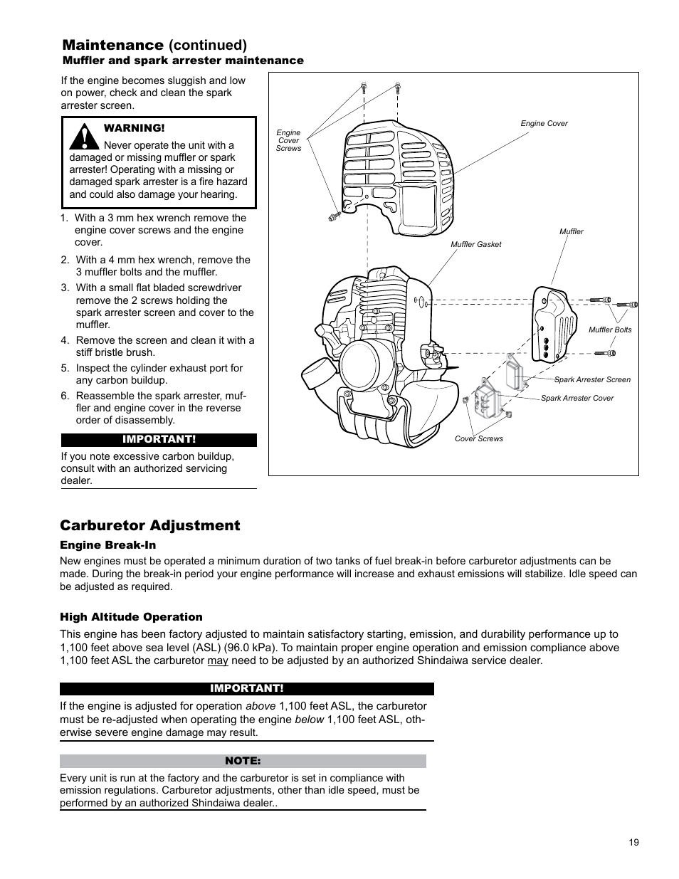 Maintenance (continued), Carburetor adjustment | Shindaiwa C254 User Manual | Page 19 / 32