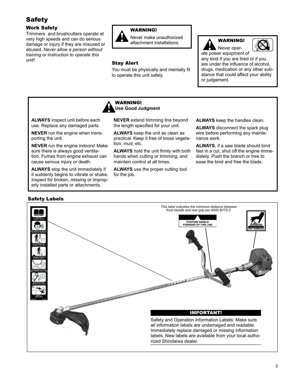 Safety | Shindaiwa C254 User Manual | Page 3 / 32