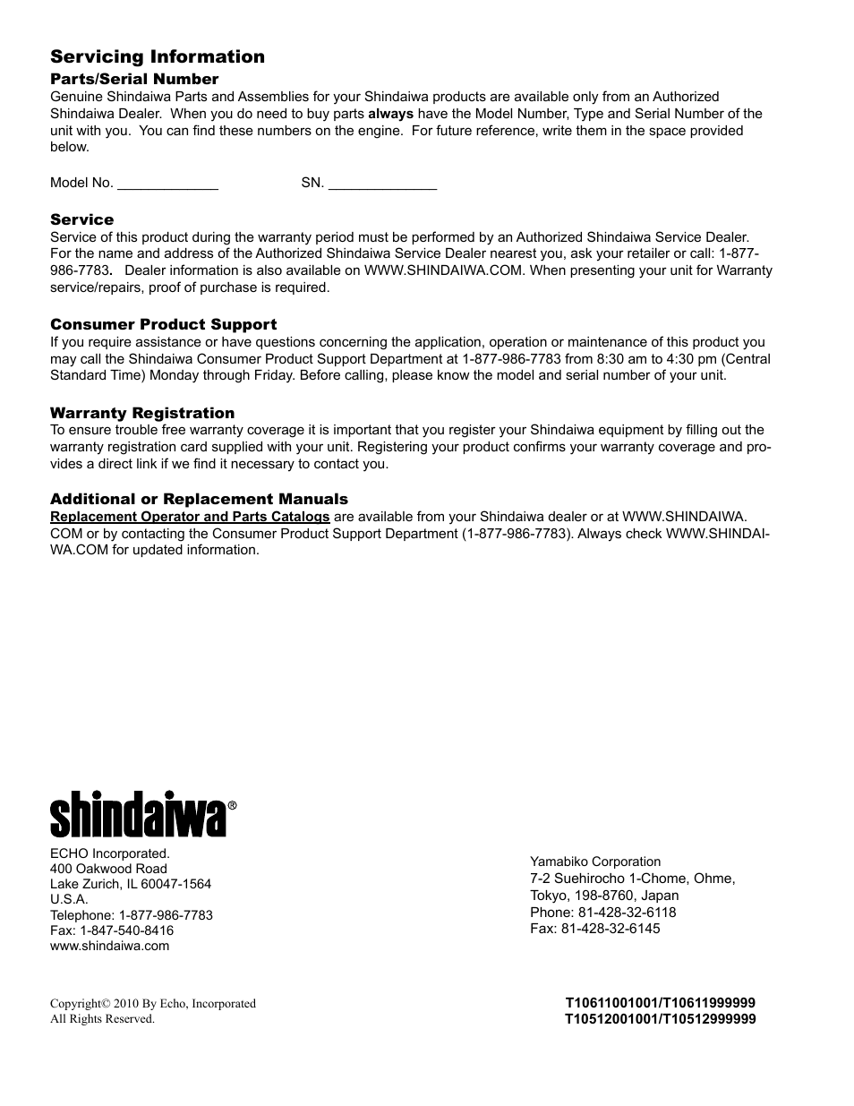 Servicing information | Shindaiwa C254 User Manual | Page 32 / 32