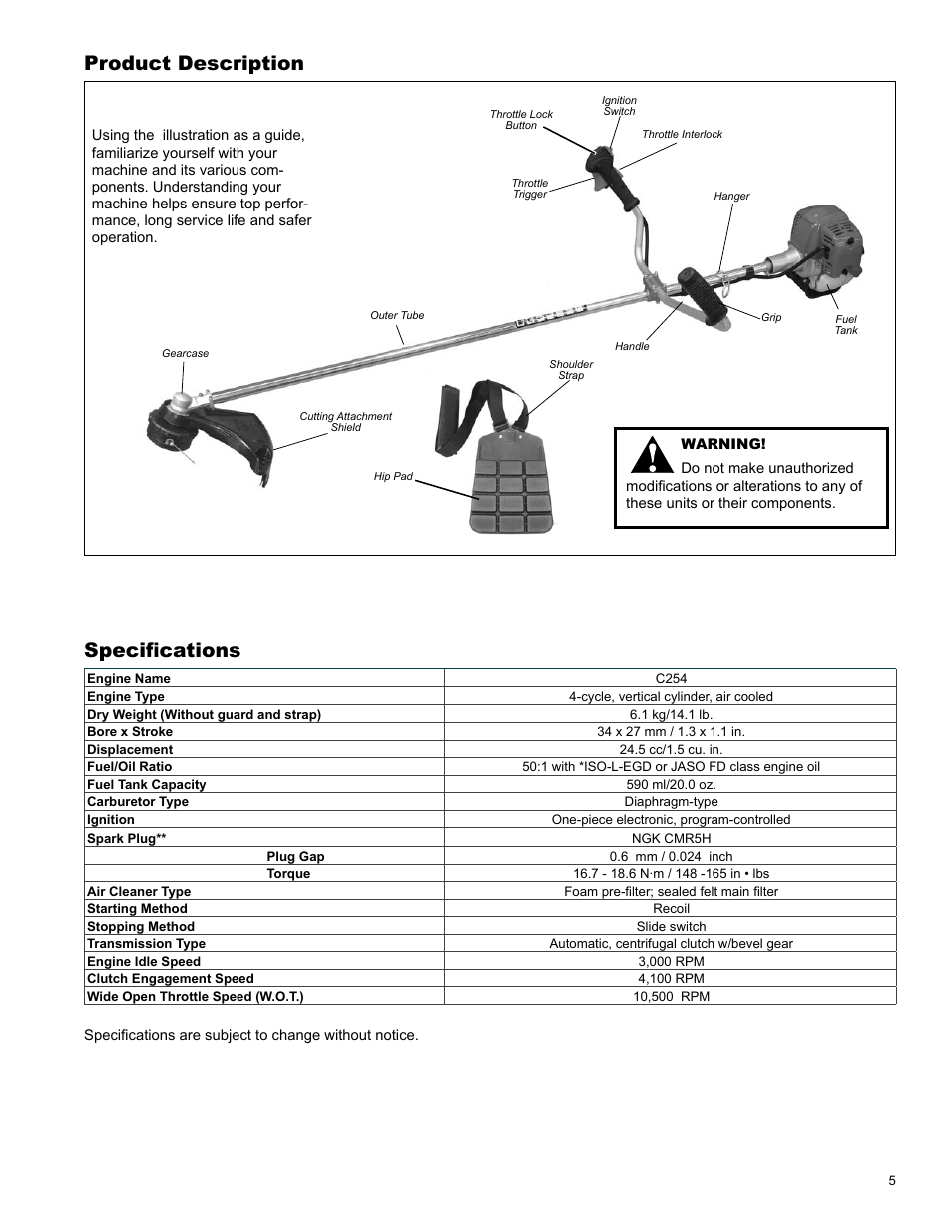 Product description, Specifications | Shindaiwa C254 User Manual | Page 5 / 32