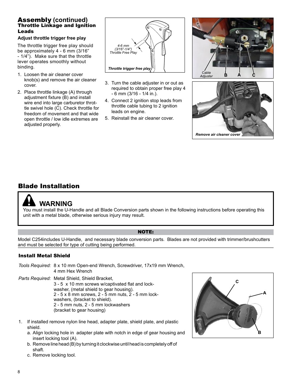 Warning, Assembly, Continued) | Blade installation | Shindaiwa C254 User Manual | Page 8 / 32