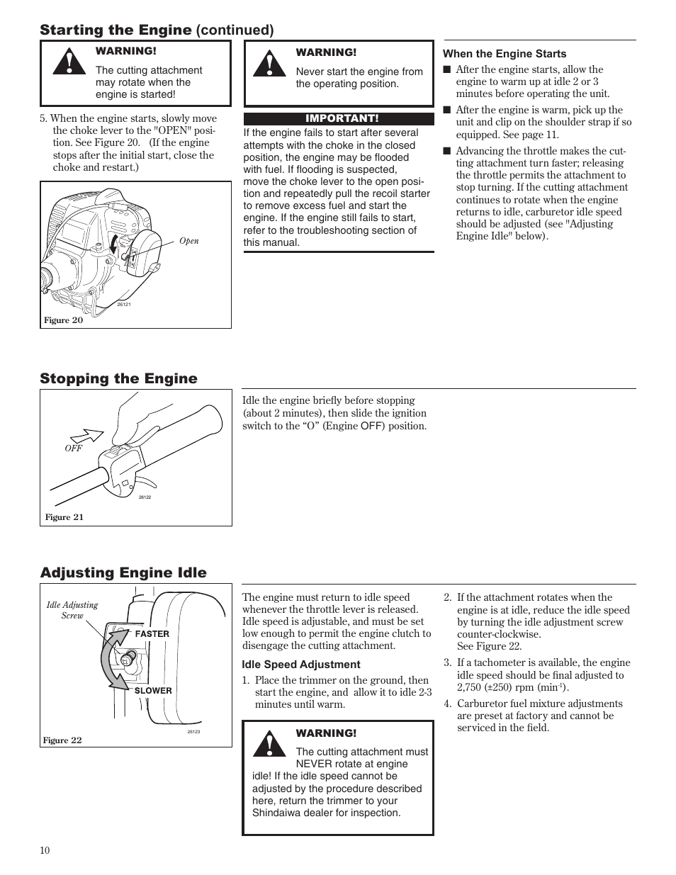 Starting the engine (continued), Stopping the engine adjusting engine idle | Shindaiwa 81605 User Manual | Page 10 / 40