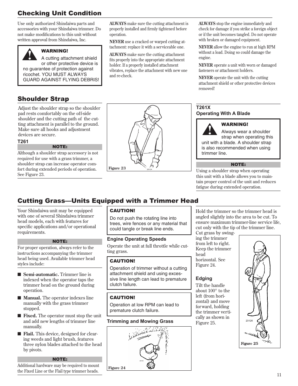 Cutting grass—units equipped with a trimmer head, Checking unit condition shoulder strap | Shindaiwa 81605 User Manual | Page 11 / 40