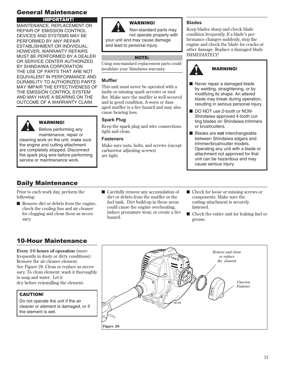 General maintenance, Daily maintenance, Hour maintenance | Shindaiwa 81605 User Manual | Page 13 / 40